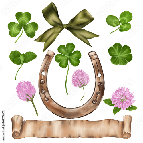 St. Patrick's Day set. Horseshoe and green ribbon