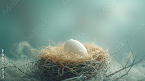 Stylish minimalistic background with nest egg on blue vintage concrete background. Copy space.