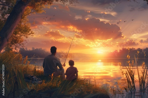 Father and son go fishing together at sunset.