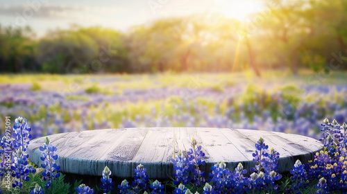 wooden podium on pasture field with bluebonnets and summer time - AI Generated