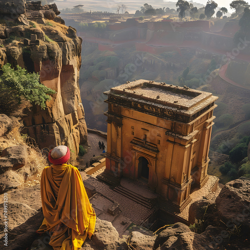 Monk standing on top overlooking Ethiopia Lalibela land of historical significant