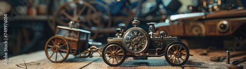 vintage watches, vintage toy cars on a wood table, small machines, close up, complicated,  