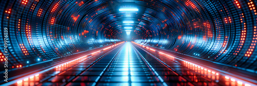 Sci-Fi Tunnel Vision, Futuristic Corridor Illuminated by Neon Lights, Space Travel Concept