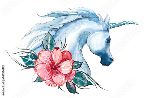 Watercolor hand painted magical unicorn illustration isolated on a white background. Fantastic creature design. Beautiful fairytale illustration. © Victoria