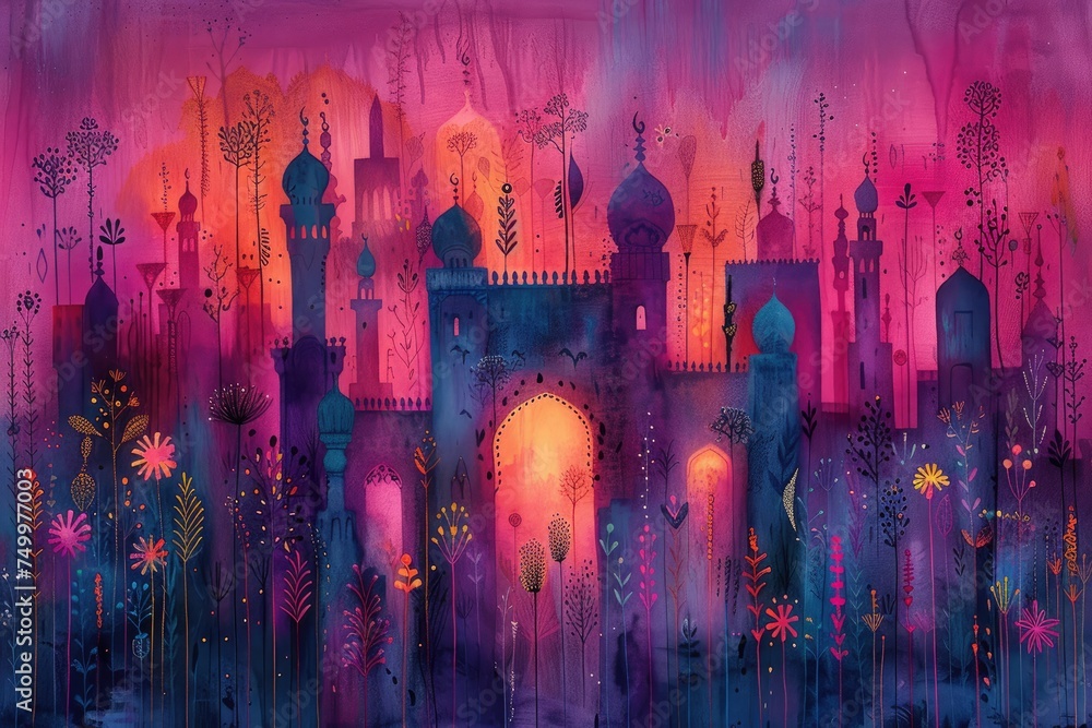 ramadan decoration and islamic watercolour  greeting card background with a mosque landscape