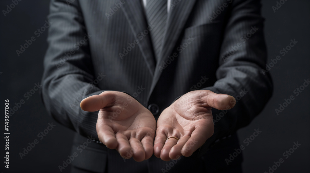 Business concept. Businessman shows your object in his hands. 