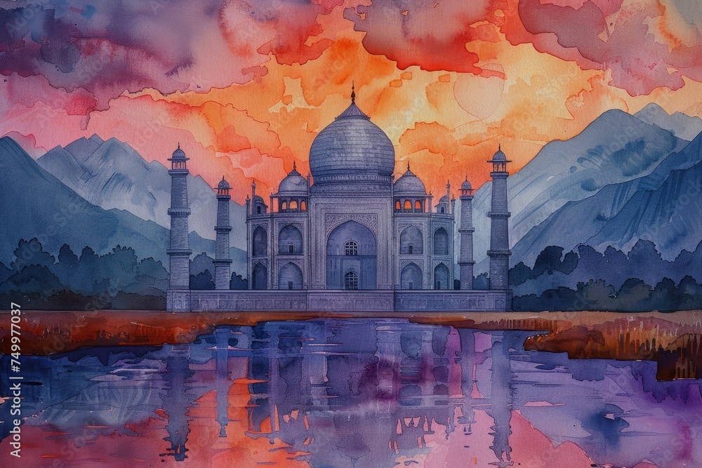 Obraz premium ramadan decoration and islamic watercolour greeting card background with a mosque landscape