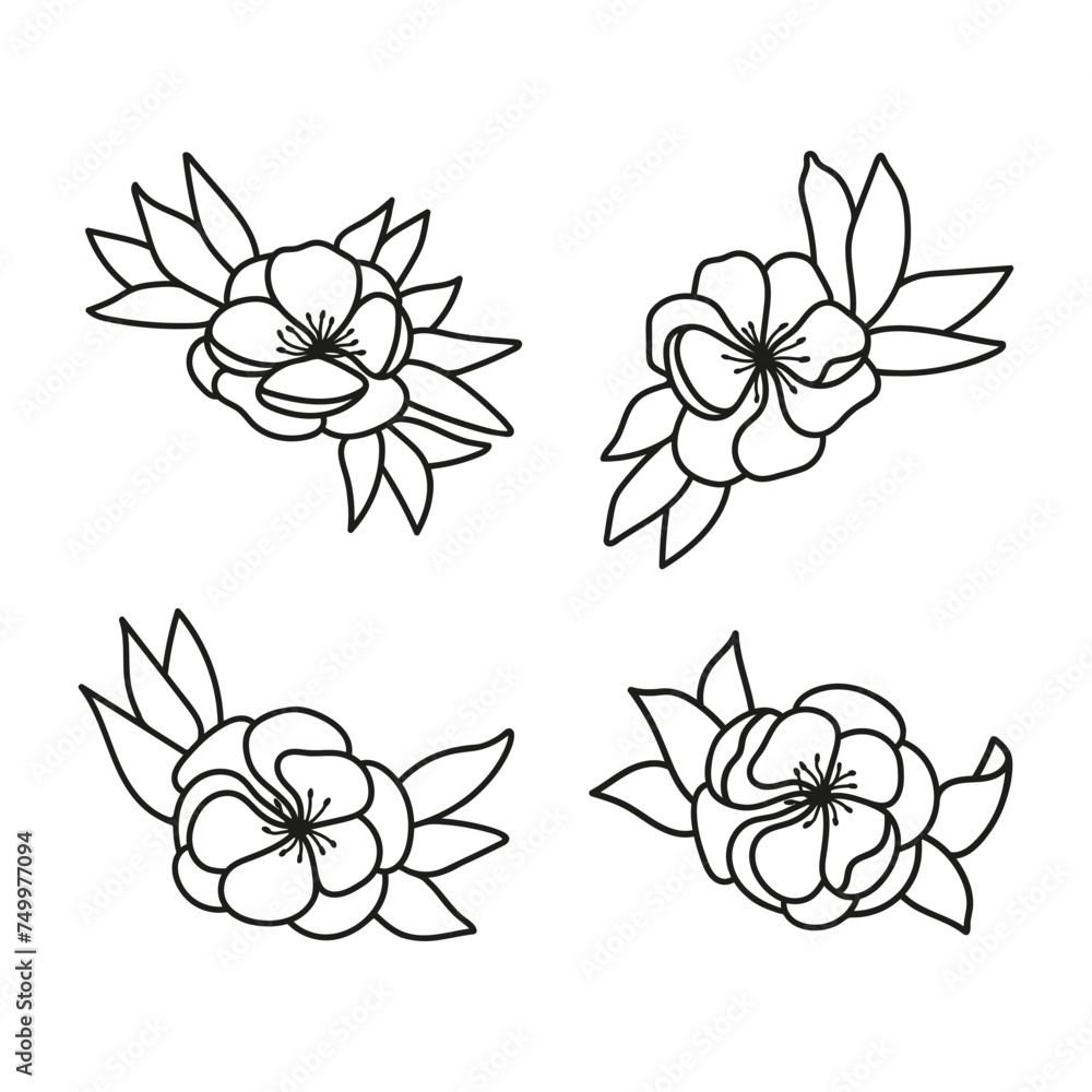 Hand drawn vector flowers potentilla with foliage - obrazy, fototapety, plakaty 