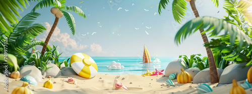A 3D rendering illustration of summer banner at sea on vacation.