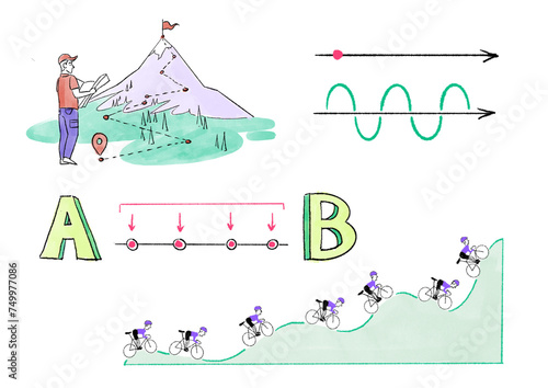 Illustrations and schemes with routes and paths