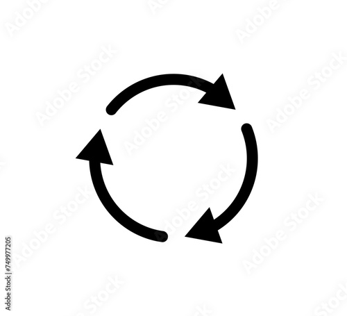 Three circle arrow icon. Round reload, restart, recycle and repeat symbol. Three arrow in loop. Round reload sign, repeat icon. Vector illustration isolated on white background.