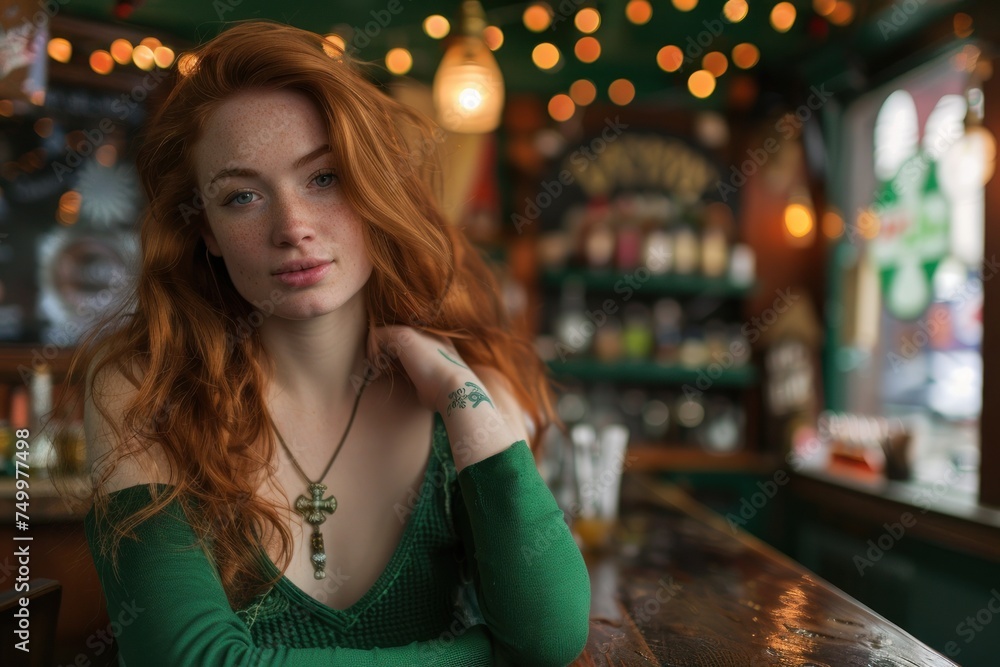 Woman in a Saint Patrick Day outfit posing for a photo in the background an Irish pub. Woman in a Saint Patrick Day outfit posing for a photo in the background an Irish pub.