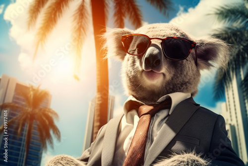 a koala wearing sunglasses and a suit with a tie, cute koala