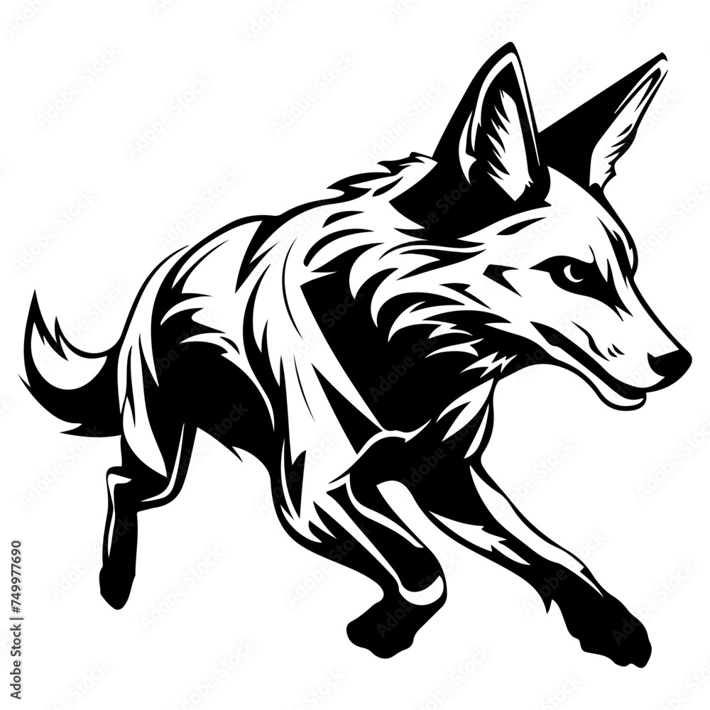 A strong and powerful jackal is seen running at full speed in a black and white setting.,black vector design against white background 