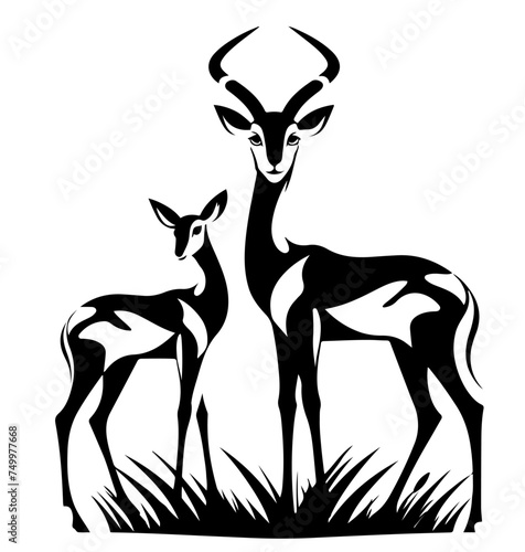 Two impalas are standing next to each other, black vector design against white background 