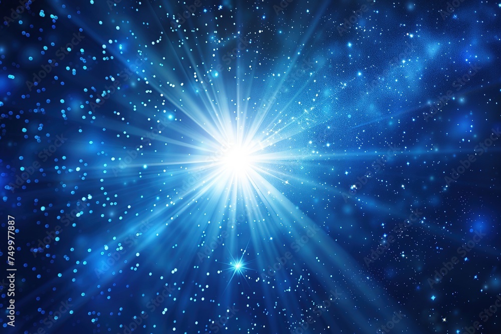 Image of blue star starburst glowing on a dark background, concept of dispersion, explosion, beautiful sparkling light.