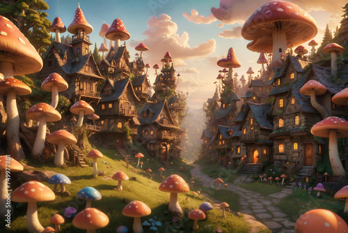 An intricate village made of psychedelic mushrooms