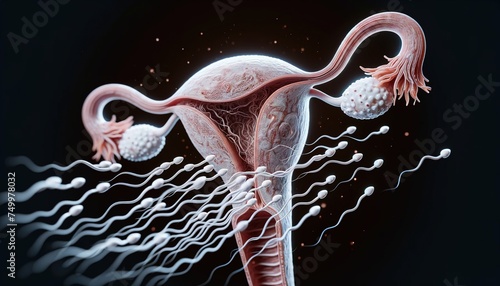 3D rendering of sperm moving to the uterus