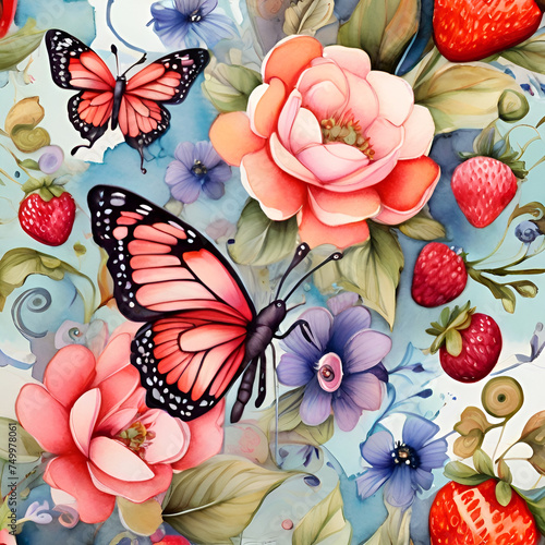 Watercolor strawberry pattern, generative ai