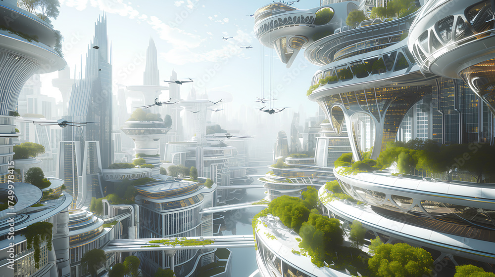Bright Futuristic City with Flying Vehicles and Greenery . A sunlit ...