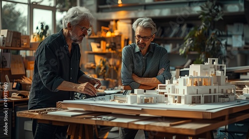 Two individuals seated at a wooden table, examining a model of a building
