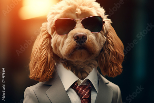 a dog wearing sunglasses and a suit with a tie, cute dog © Salawati