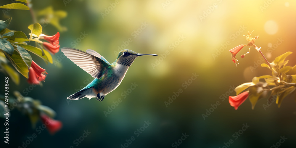 Fototapeta premium a Hummingbird coming into a flower for nectar, golden light, in a side view in a Horizontal layout, in a nature-themed, photorealistic illustration in JPG. Generative ai