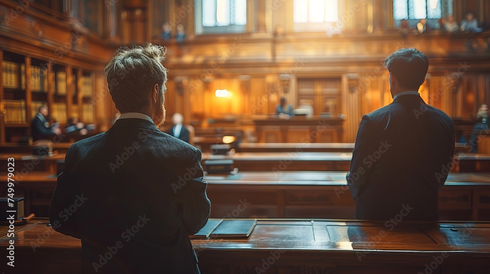 Two men in suits standing in a courtroom building - obrazy, fototapety, plakaty 