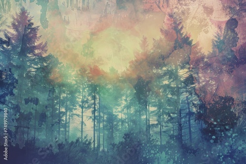 Watercolor painting of fir trees in pastel hues illustration