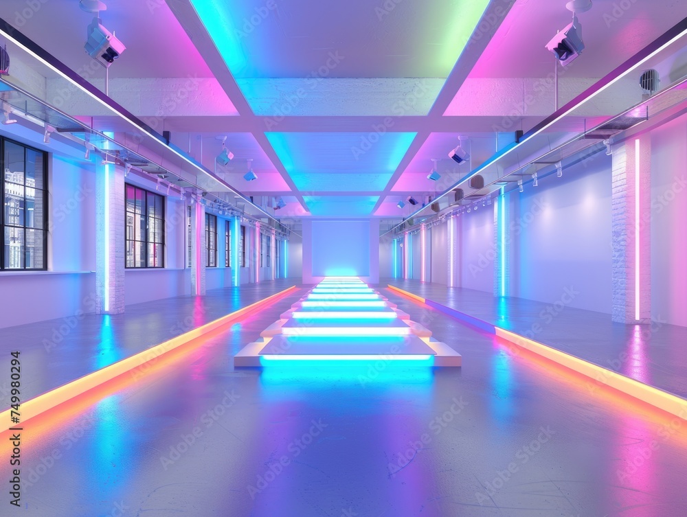 Fototapeta premium Neon Glow Industrial Loft. Spacious industrial loft illuminated by vibrant neon lights with a central glowing path. 