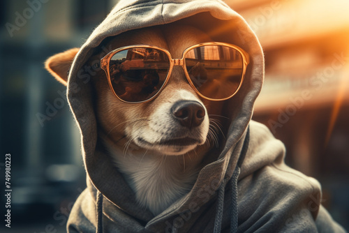 a dog wearing sunglasses and a hoodie © Salawati