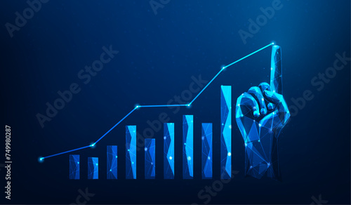 hand business pointing finance graph investment growth on blue background. trading market money increase. vector illustration fantastic hi-tech.