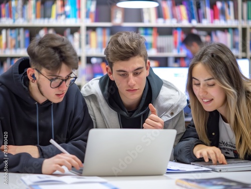 Group of students collaborating on a project in a library setting