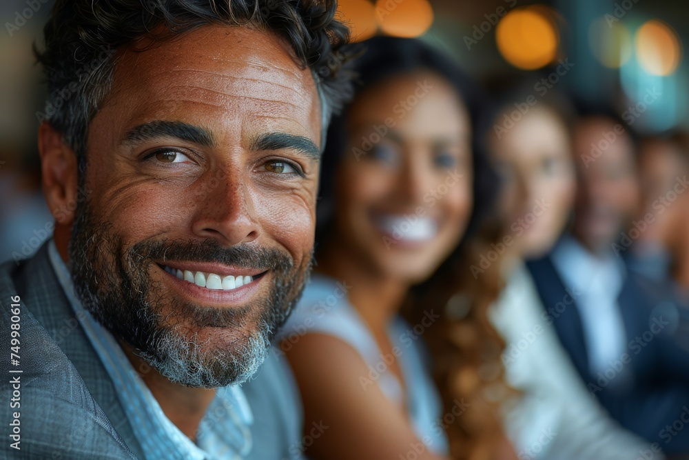 A charismatic mature man with short grey hair, a beard, and a warm smile, photographed during a casual corporate event