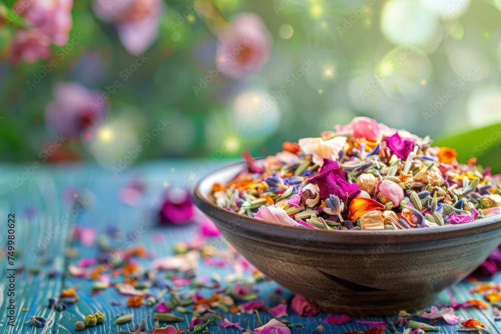Potpourri in a bronze bowl on the blue wooden table on floral bokeh background with copy space Potpourri in a bronze bowl on the blue wooden table on floral bokeh background with copy space