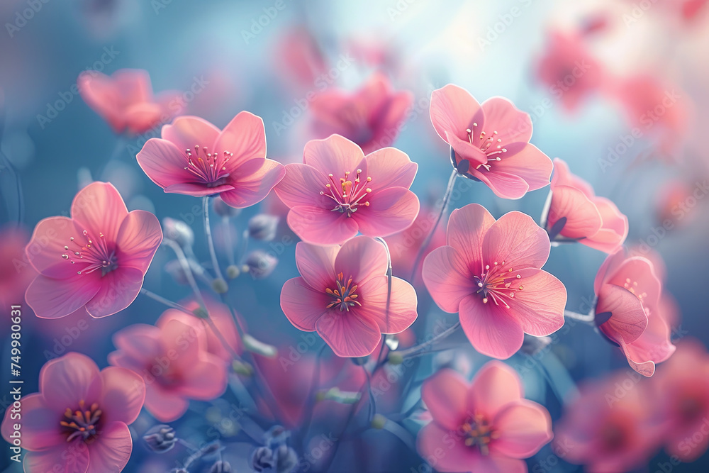 A cluster of dreamy pink flowers immersed in an ethereal blue light, creating a magical atmosphere. A cluster of dreamy pink flowers immersed in an ethereal blue light, creating a magical atmosphere.