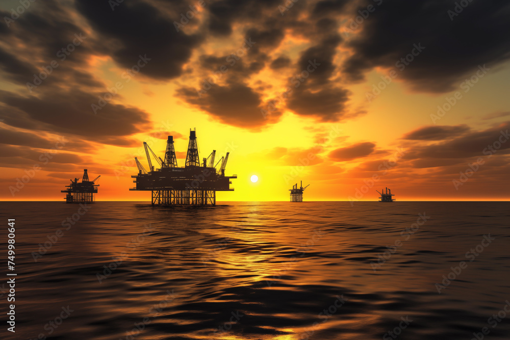 Offshore oil and gas. Oil rig in sea on sunset, Crude Oil production, aerial view. Offshore drilling of extracting petroleum and natural gas from seabed. Mobile platform in ocean. Ai Generative