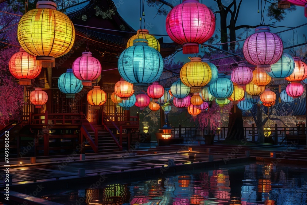 Temple grounds adorned with colorful paper lanterns during spring festival.