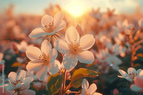 Clusters of white flowers bask in the warm glow of a sunset  creating a serene atmosphere.