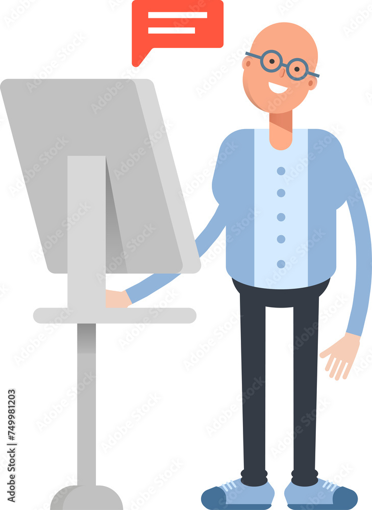 Bald Man Character Working on Computer
