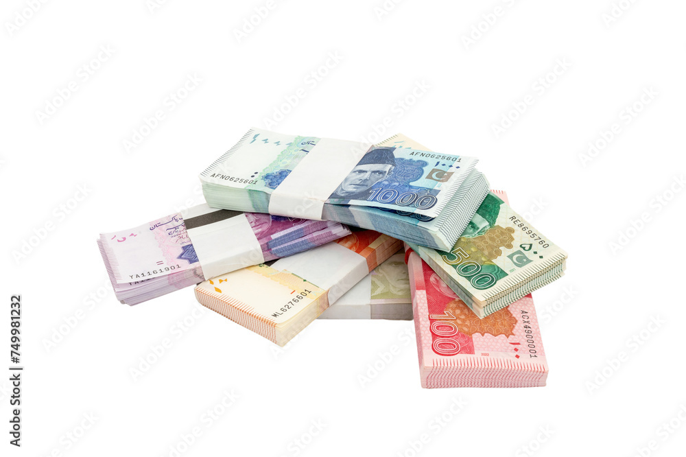 Heap of Pakistani currency bundles on white isolated background Heap of Pakistani currency bundles on white isolated background