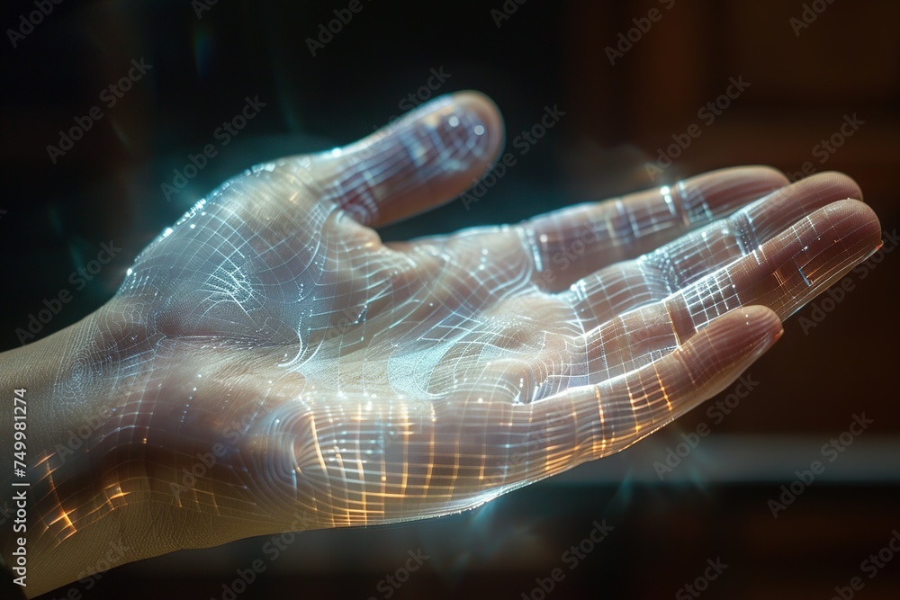 Fototapeta premium Close up palm hand with binary numbers. Concept of scanning identity information with a computer system. Binary numbers.