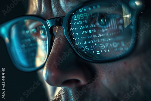 Close up of a man wearing glasses with binary numbers in the glasses concept. Program developer writing data. or solve system problems