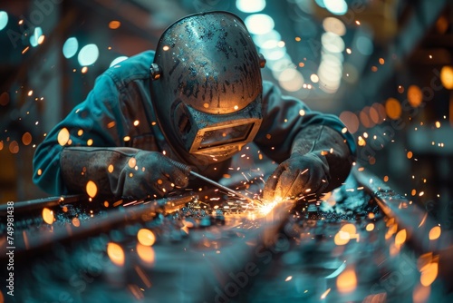 A skilled welder is captured creating a shower of sparks as they work on metal in an industrial setting