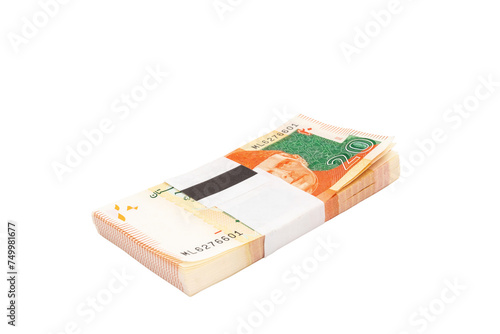 Twenty rupees banknote bundle of Pakistani currency on white isolated background photo