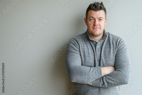 Confident Businessman in Casual Wear Standing Against Neutral Background with Arms Crossed © Alienmonster Images