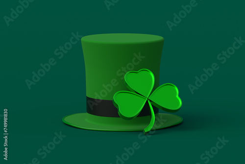 Shamrock near leprechaun hat on green background. St Patrick's Day holiday. Irish tradition. Lucky symbol. 3d render