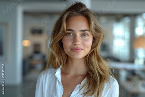 Portrait of a young woman with hazel eyes and wavy hair in a white shirt, indoors