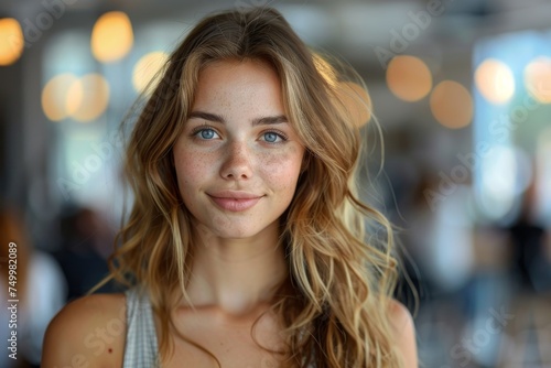 Young woman with freckles and wavy hair, smiling in blurred indoor ambiance