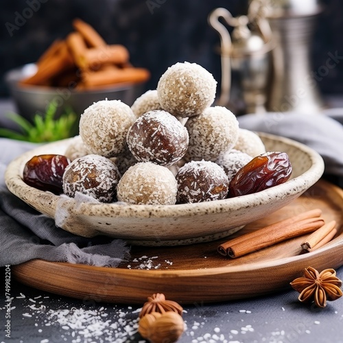 Raw vegan sweets, energy balls with dried fruits and coconut